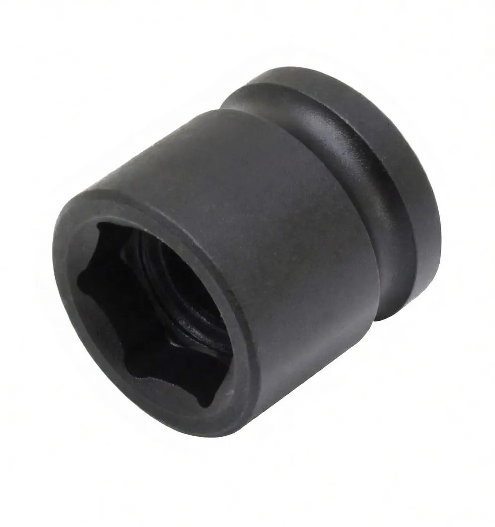 Top-down view of a short black ASTA 6-point impact socket with visible ASTA logo, CR-MO 17mm marking, and internal hex recess.