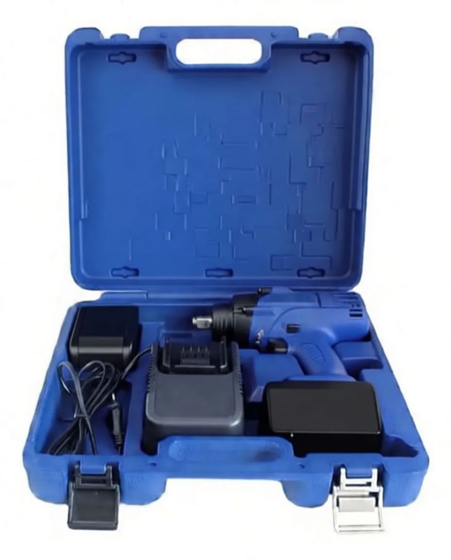 Close-up of ASTA cordless impact wrench with two 5.0 Ah batteries and a charger, showing logo and battery markings