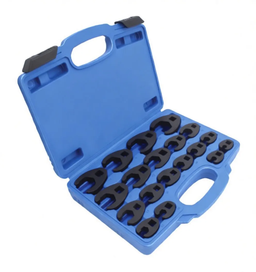 Angled shot of an open blue case with rows of black crowfoot half-open wrenches of varying sizes.