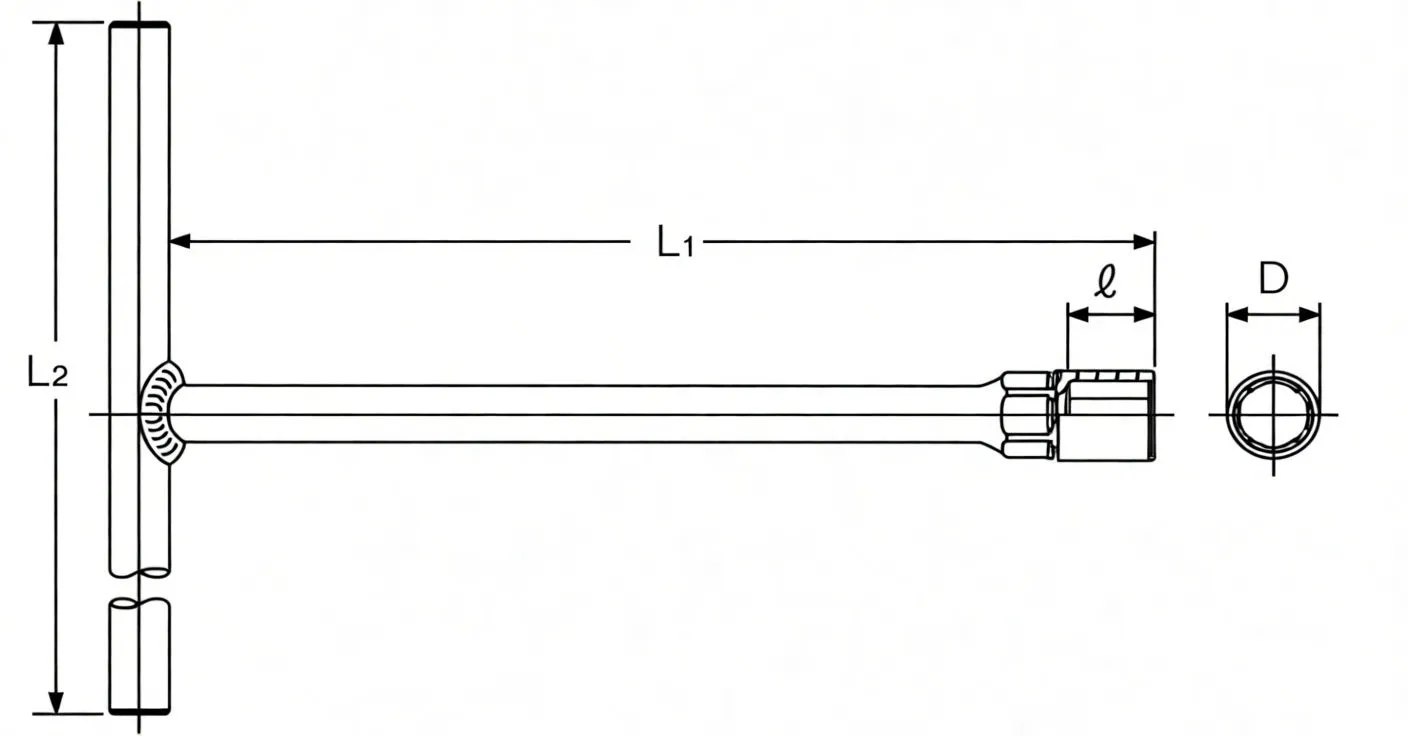 Technical drawing of hinged T-handle socket wrench with dimension labels L1, L2, ℓ and D