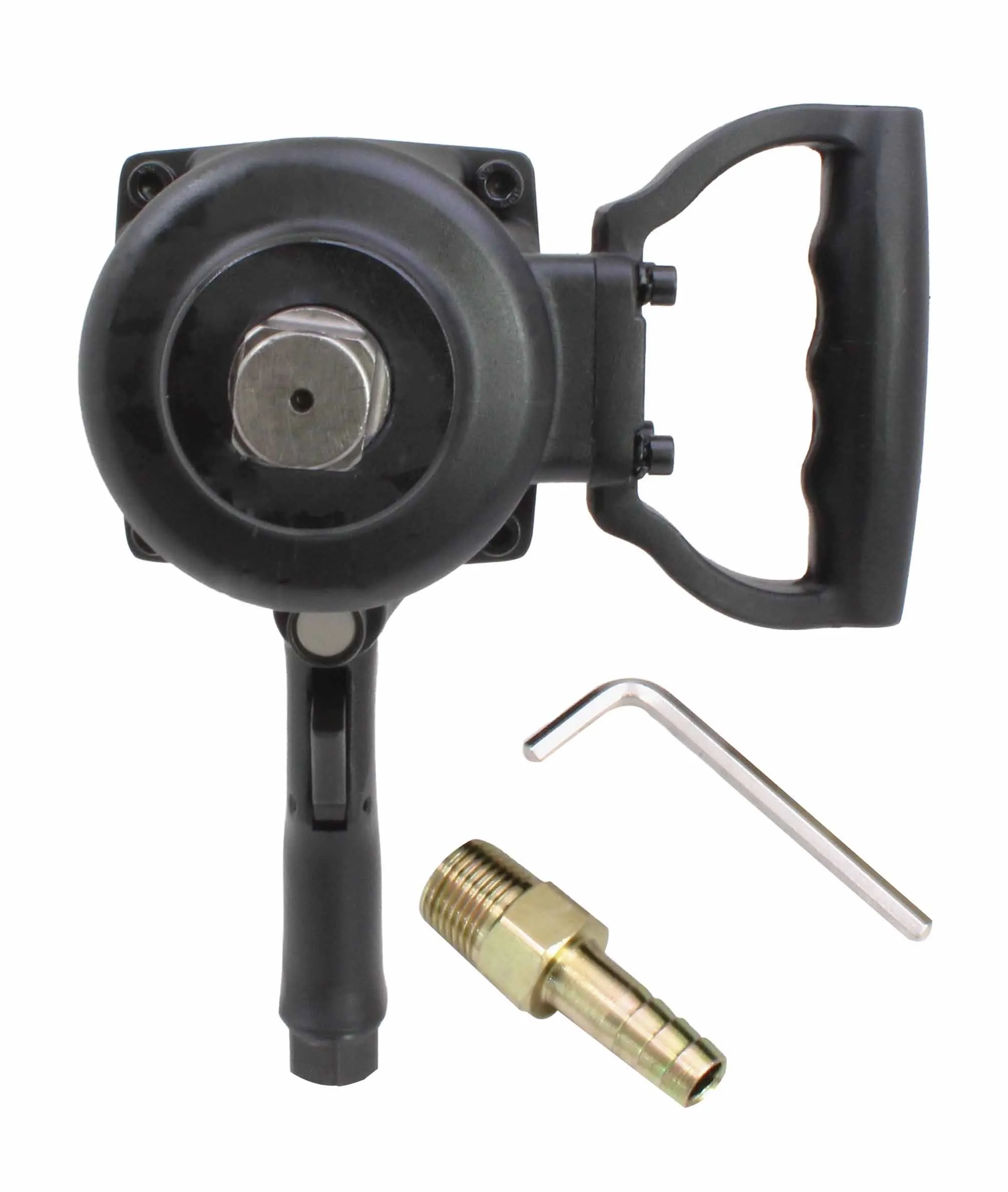Top-down front view of impact wrench showing round hammer cover, square anvil, D-handle, grip, brass connector and hex key