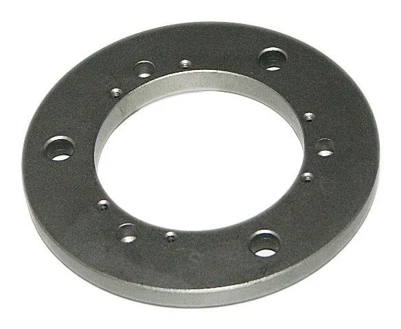Ring-style steel locking flange with central hole and several bolt and dowel holes around the perimeter