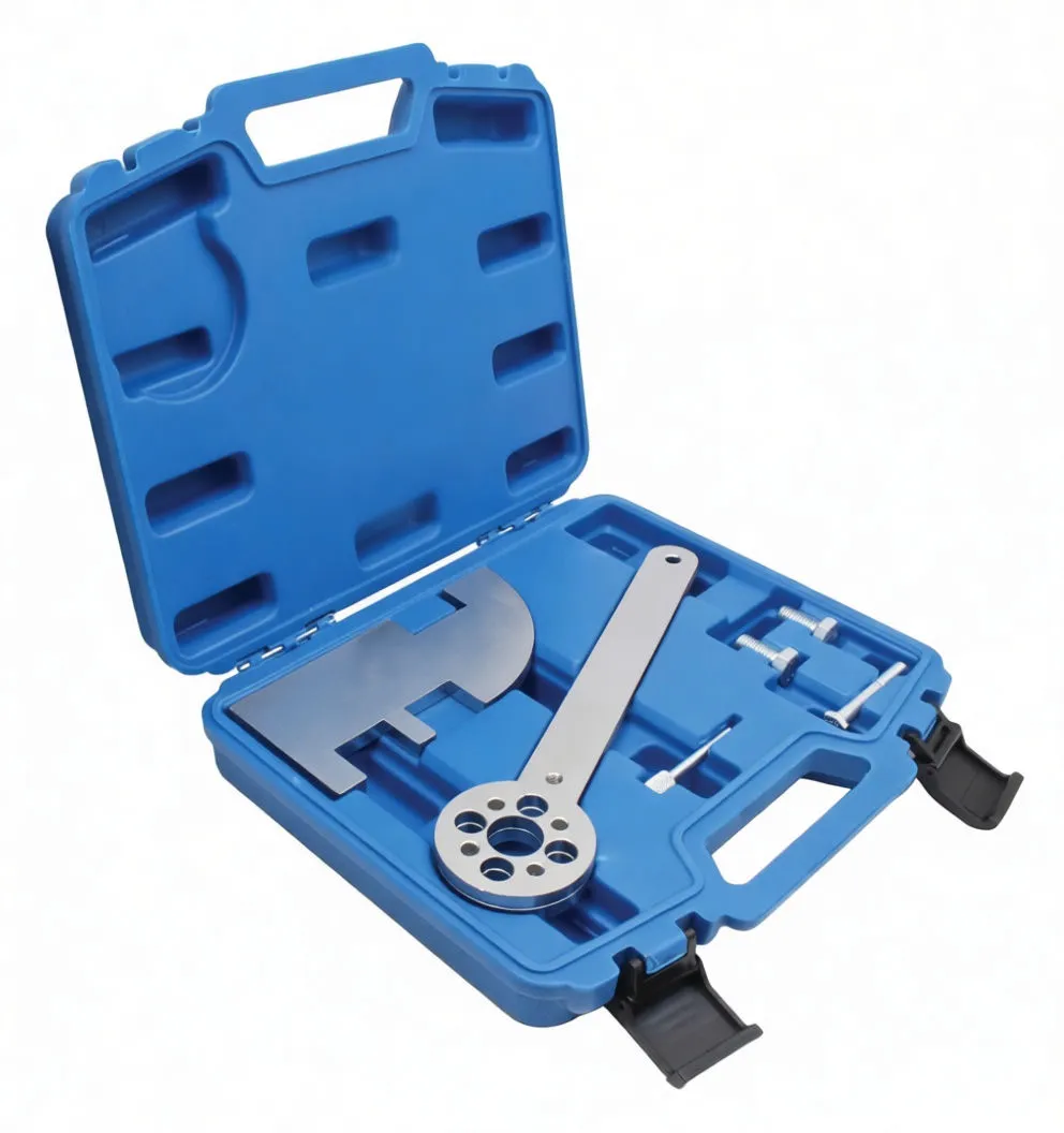Angled shot of blue kit case with silver multi-hole spanner arm, timing lock plate and bolts, yellow instruction label on lid.