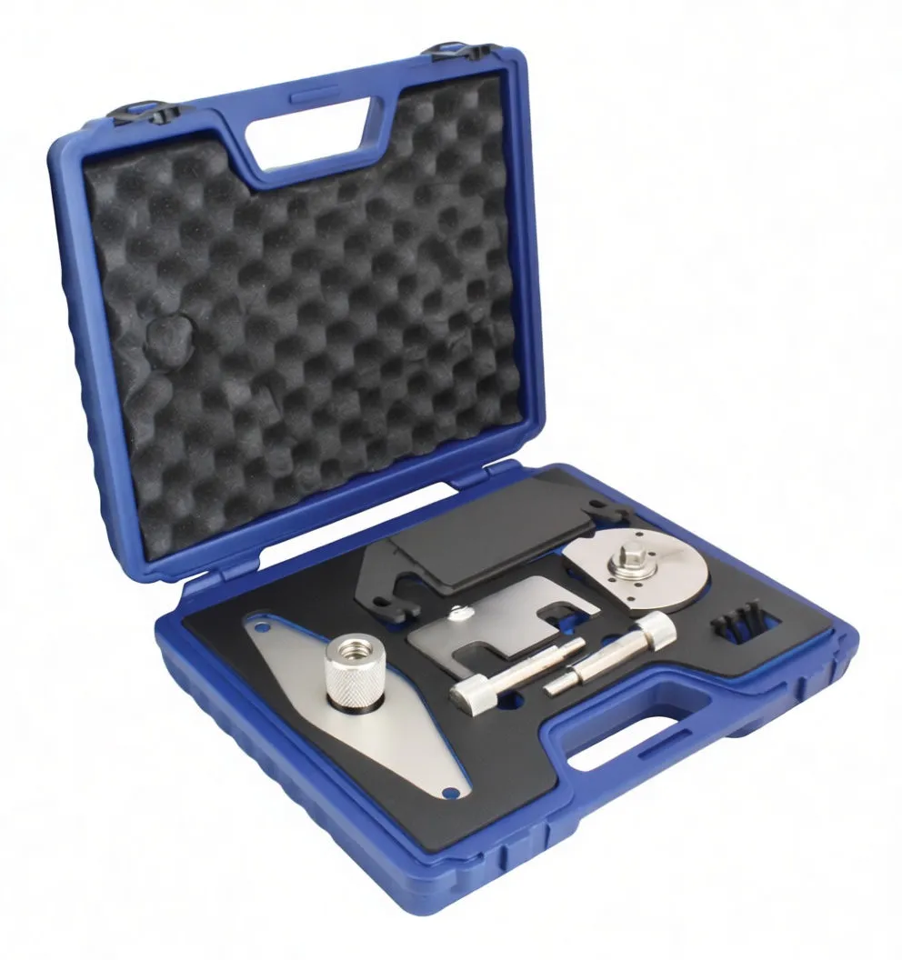 Individual stainless and black coated timing tool components laid out: flange, circular adapter, timing plate, two knurled pins, black bracket and mounting bolts.