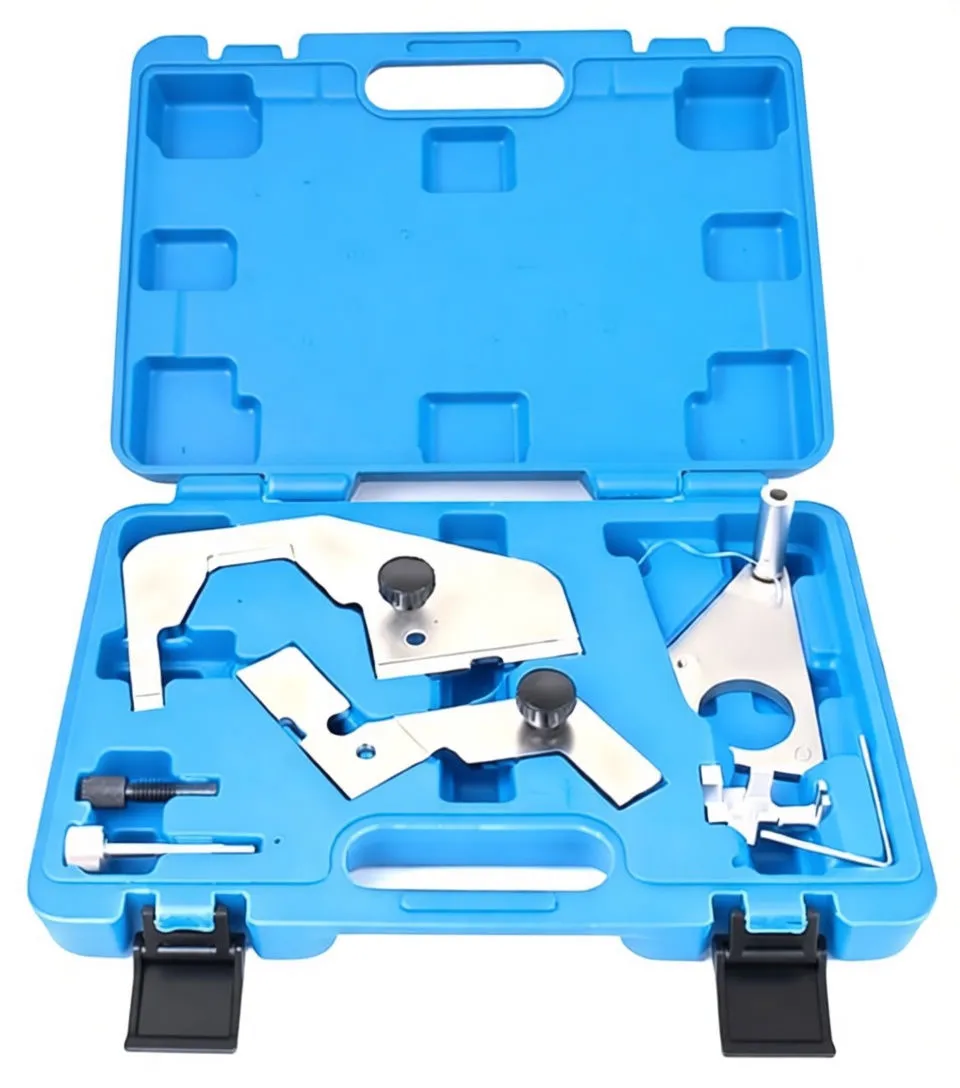 Open case from above showing large L-shaped and triangular stainless timing plates, knobs, pins and brand stamp