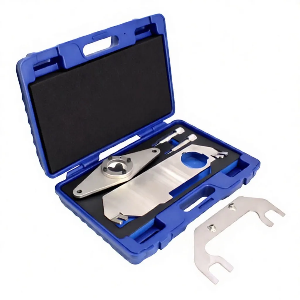 Angled open blue case with timing tool kit: metal locking plate, cam alignment tool, knurled pins and U-shaped bracket on foam insert