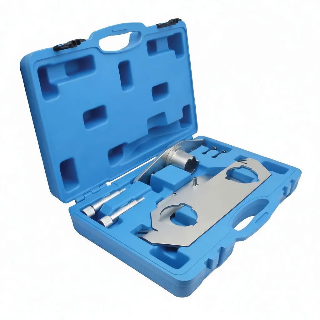 Angled open case with timing tool plate, splined adapter, black bolts, two long knurled pins and yellow label