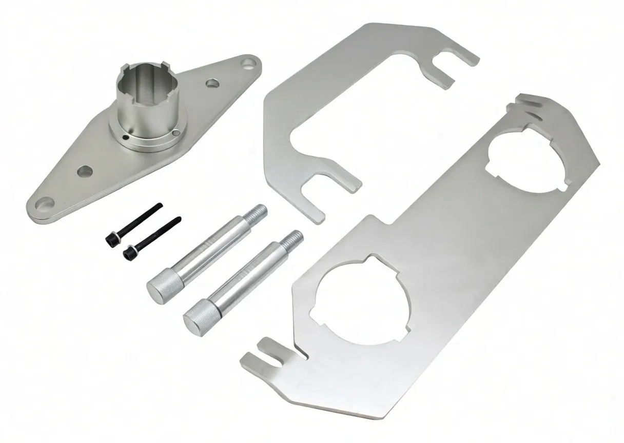 Timing tool kit components laid out: locking plate, U-bracket with pins, splined adapter flange, two long dowel pins and two black bolts