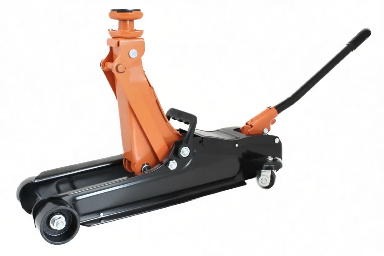 Detail view of the front corner of a floor jack showing 'saTra S-FL25TE' decal, caster, cotter pin and pivot hardware