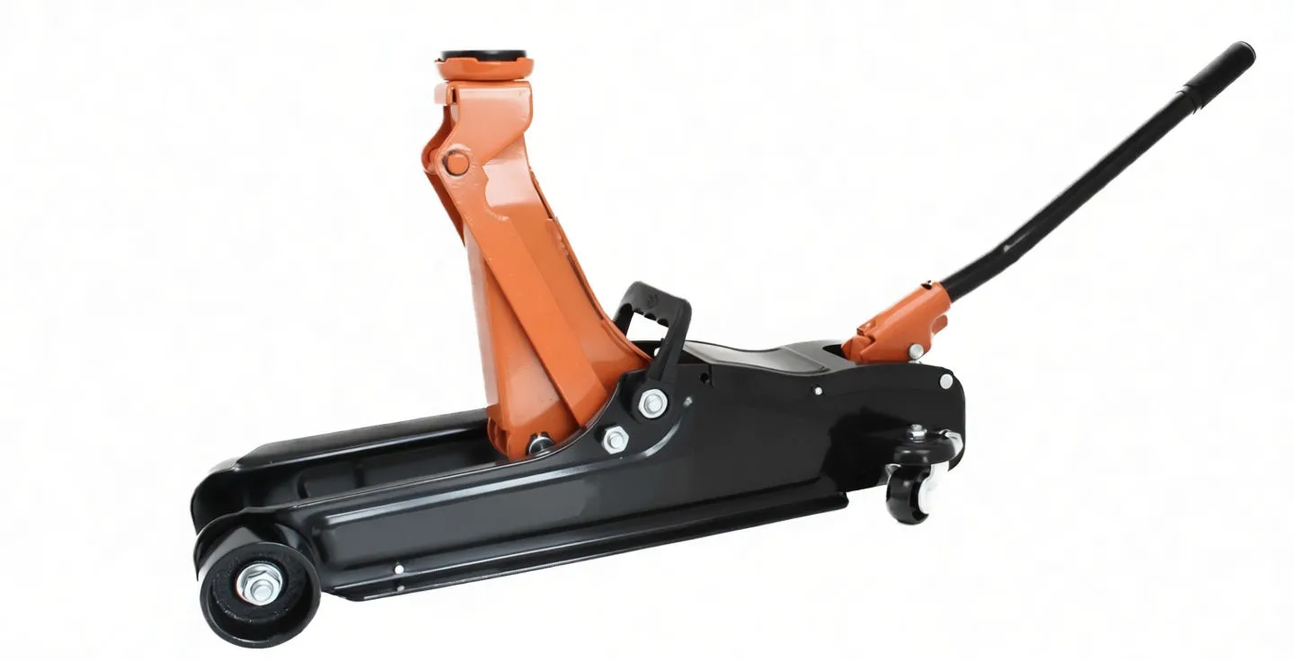 Low-angle view of a black and orange floor jack showing saddle pad, release knob and top instruction label