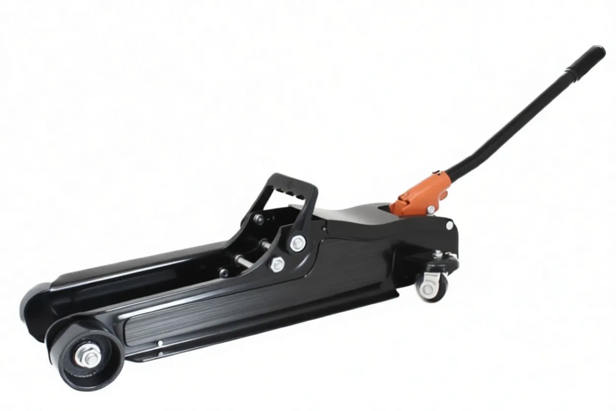 Three-quarter view of a black floor jack with orange lifting arm, saddle pad and visible 'saTra S-FL25TE' branding