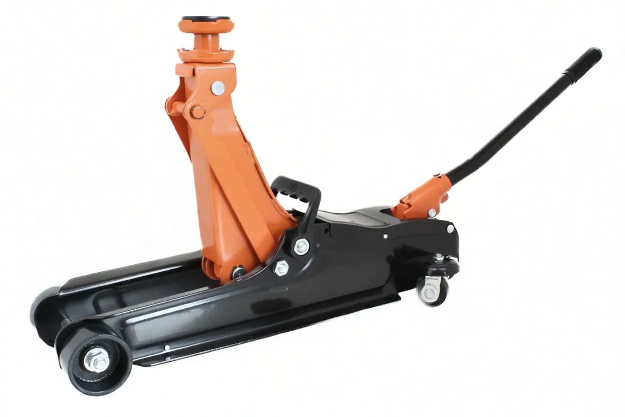 Side profile of a 2.5 ton hydraulic floor jack with orange lift arm and '2.5 Ton' label