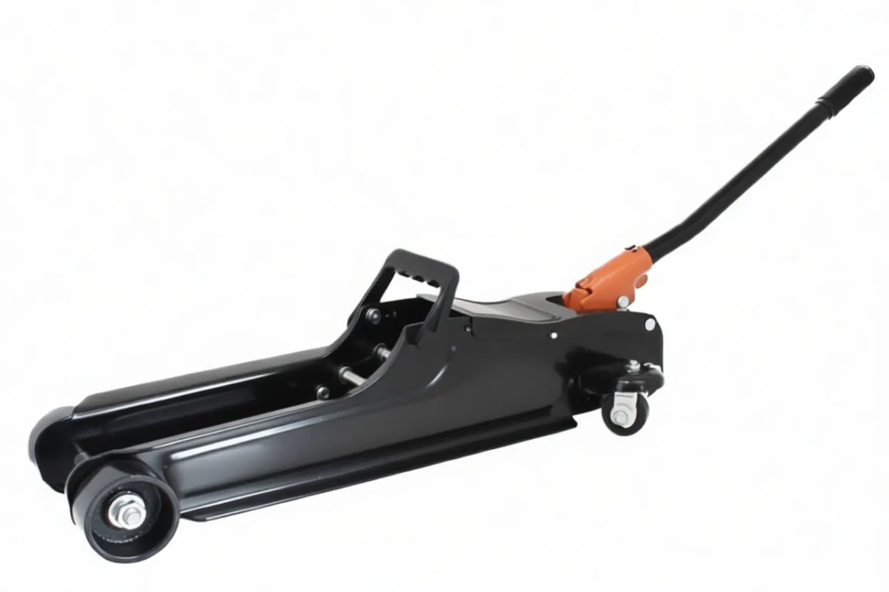 Close-up of a black roller wheel and metal bracket assembly on a hydraulic floor jack