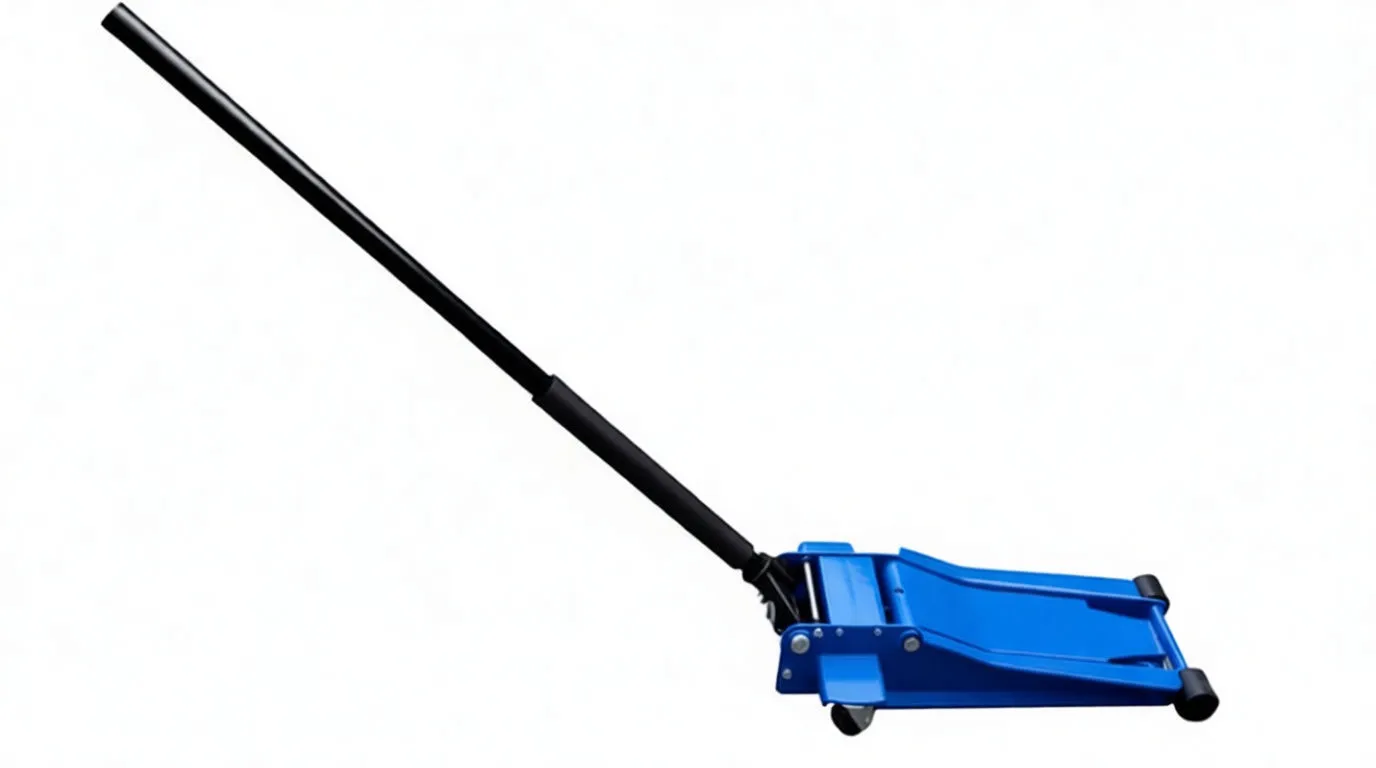 Side-angle shot of low-profile trolley jack with handle extended, showing low chassis, rubber saddle and wheels