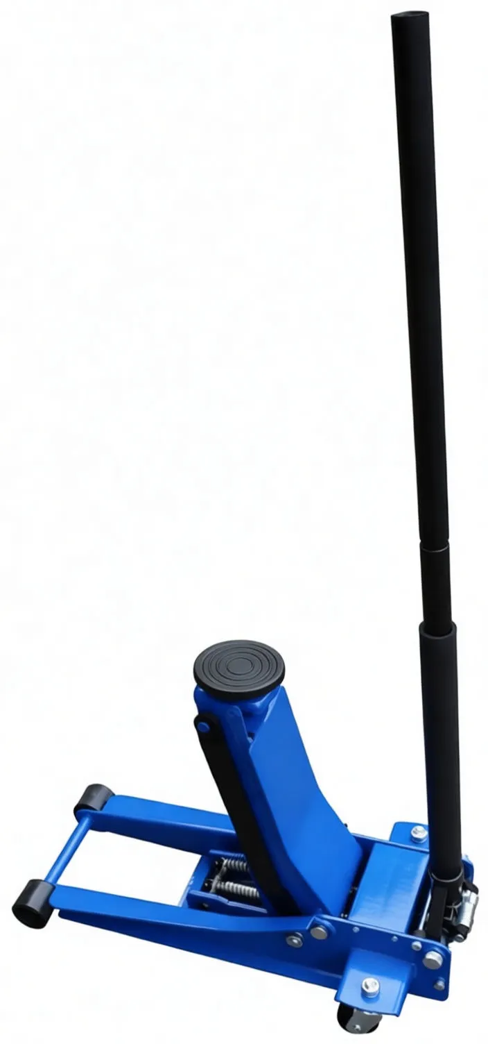 Full vertical view of blue 2.5 tonne low-profile trolley jack with upright handle and visible safety label