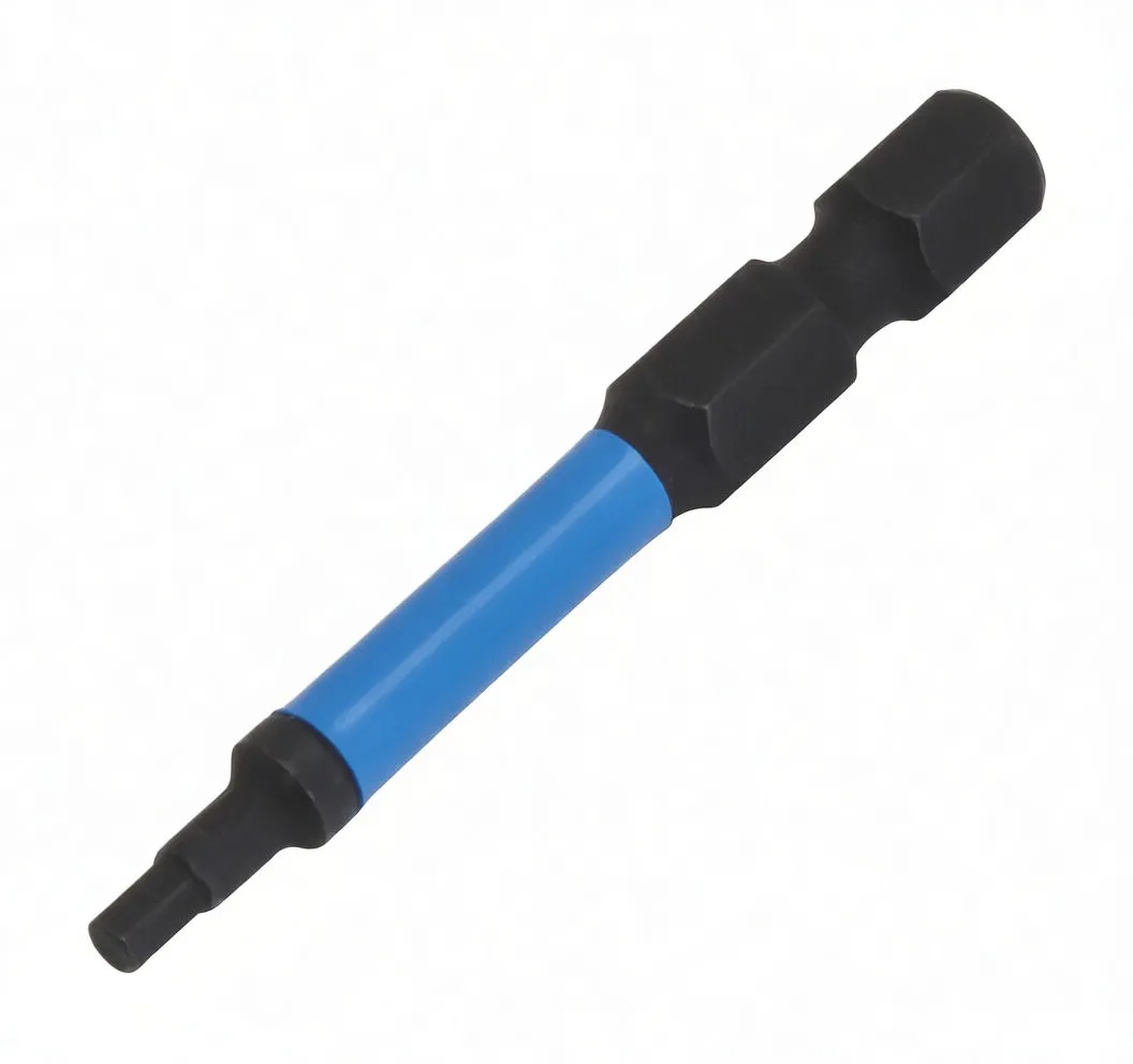 Diagonal photograph of a black hex bit with blue ASTA label, showing small tip and larger hex shank