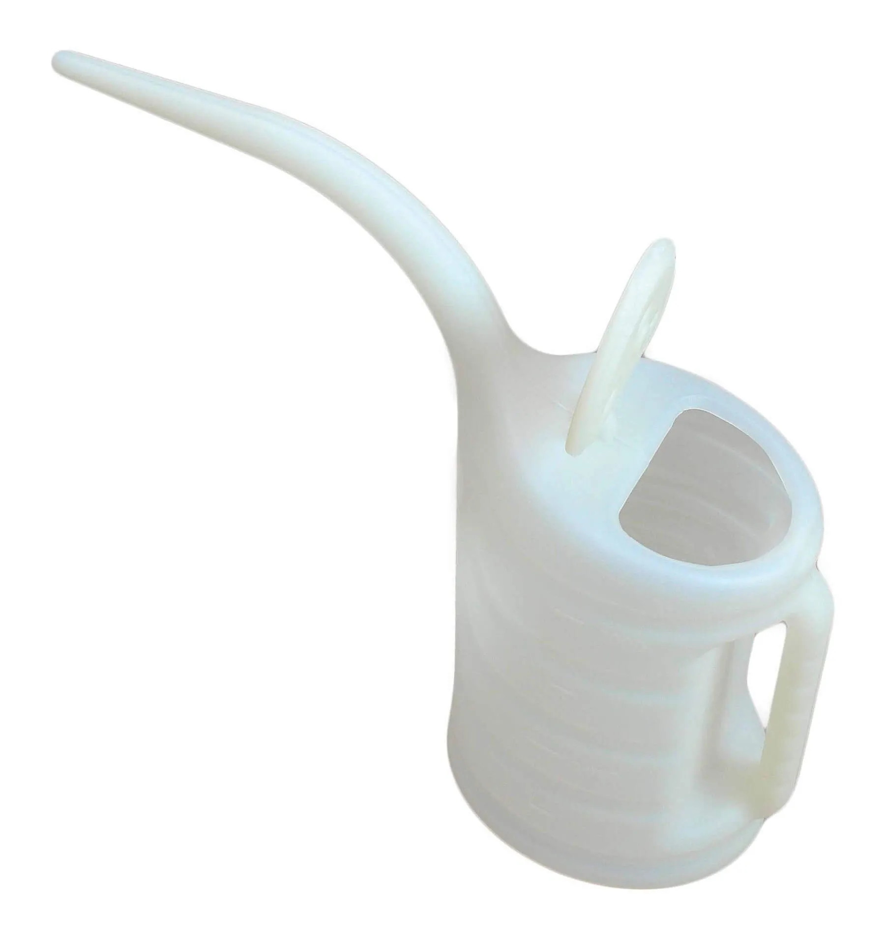 Top/angled view of a white translucent measuring can with open flip-up lid, visible interior, handle and long curved pouring spout.