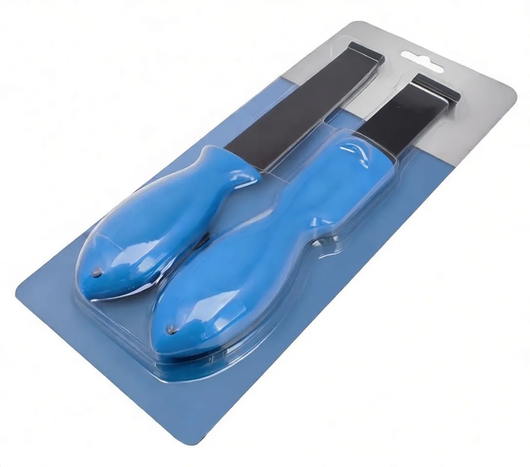 Close-up of two blue-handled scrapers showing black shafts with printed model text and silver ground carbide edges.