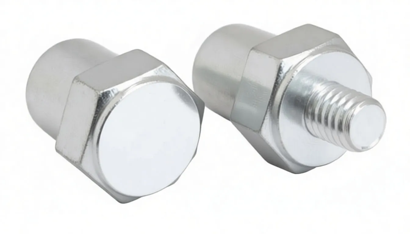 Rear view of two battery terminal studs showing threaded bolts and hexagonal collars