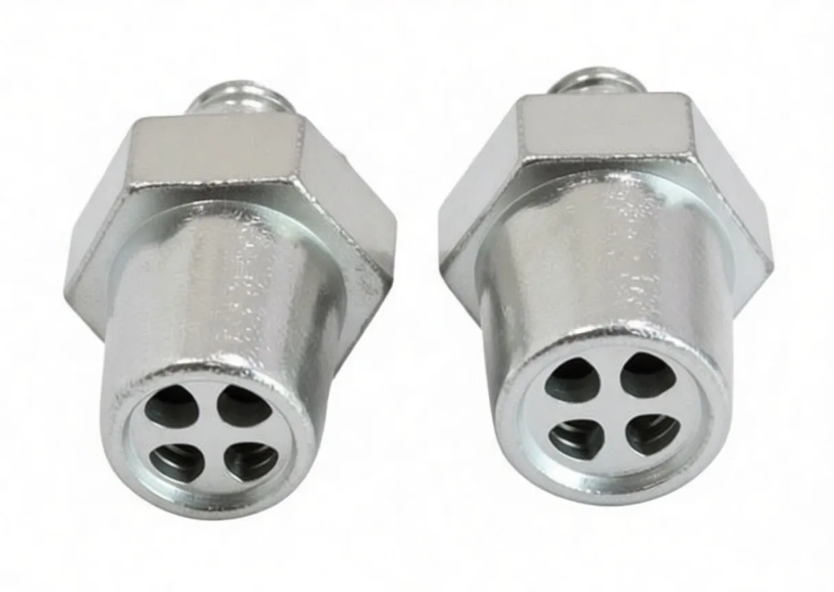 Close-up of terminal faces showing minus and plus recessed markings and hex collars labeled NEG and POS