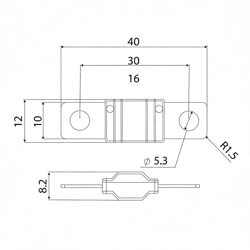 Dimensioned technical drawing of the 200A MIDI fuse showing length 40 mm, hole Ø5.3 mm, body height 8.2 mm and other measurements.