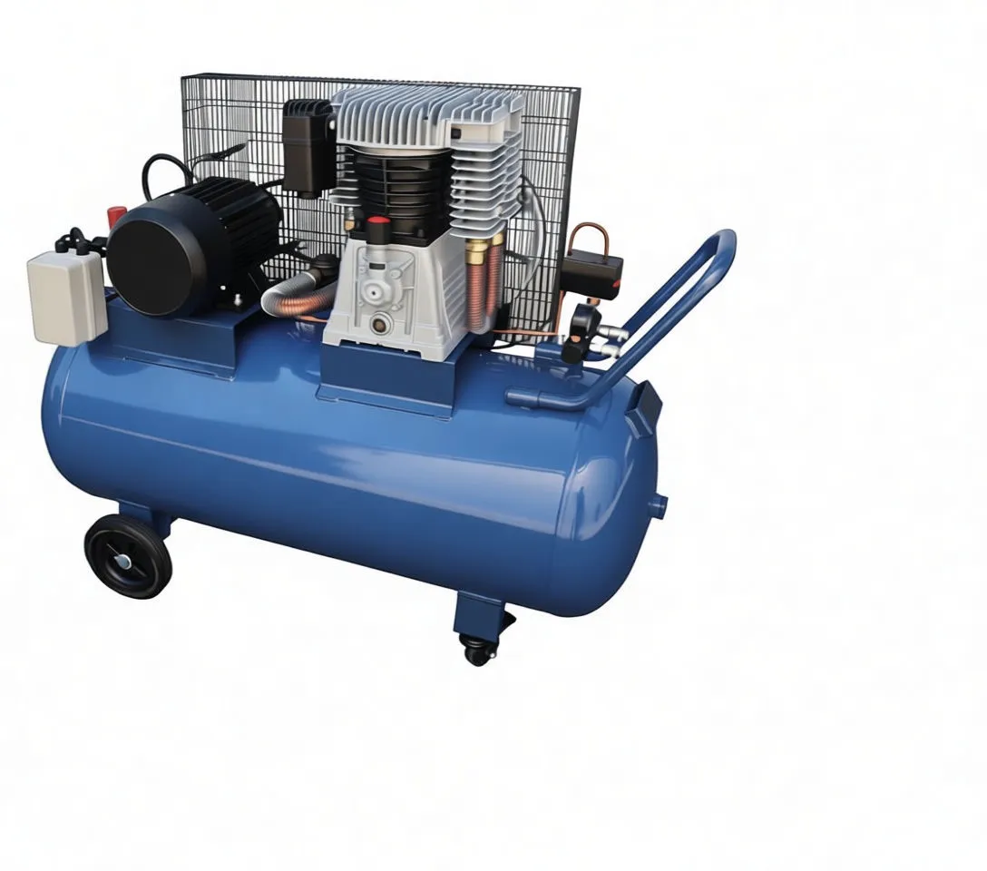 Three-quarter view of 200L air compressor with callout highlighting a brass ball valve inset