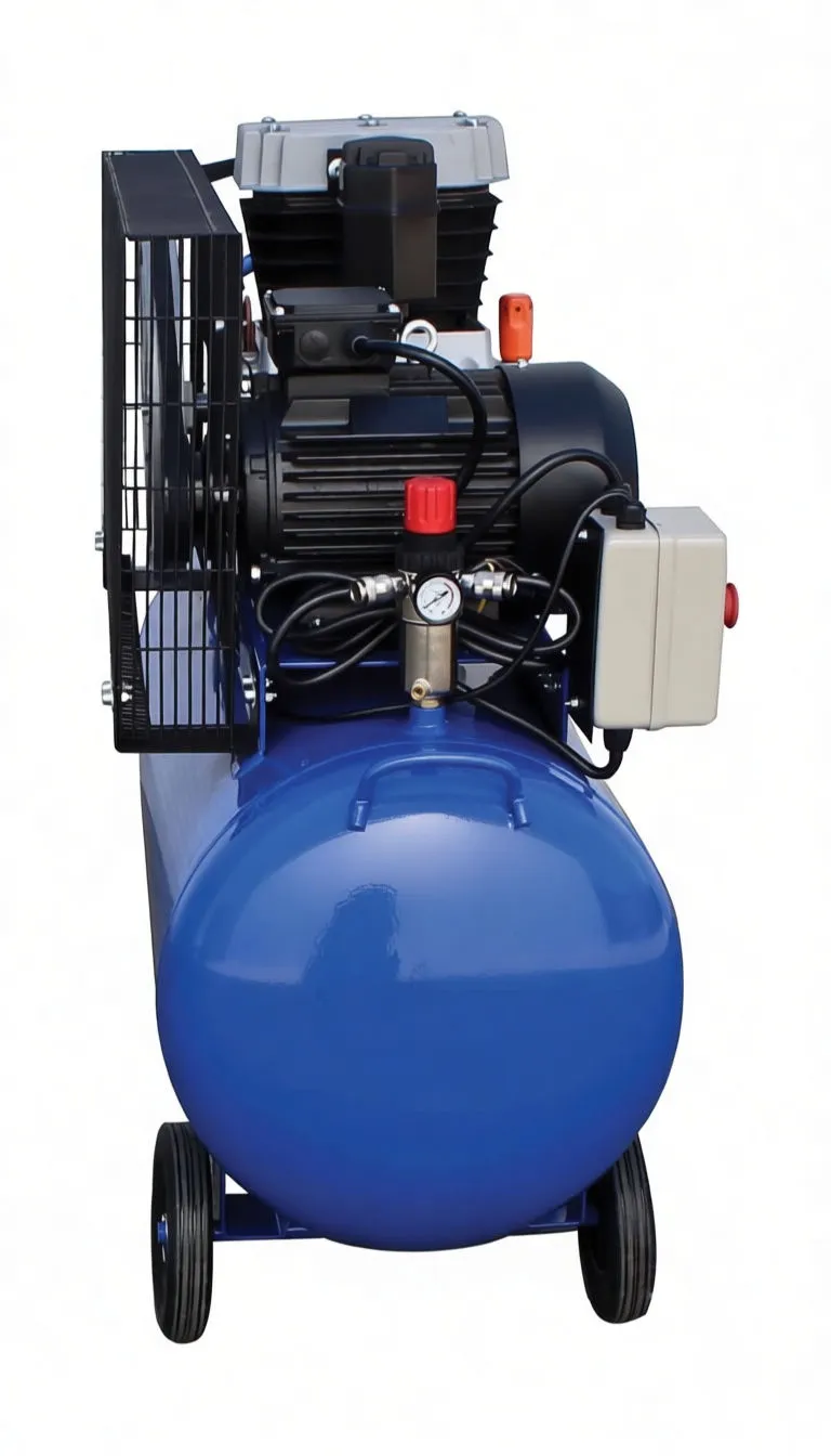 Front view of 200L air compressor showing tank end plate, pressure regulator with gauge and control box with red stop button