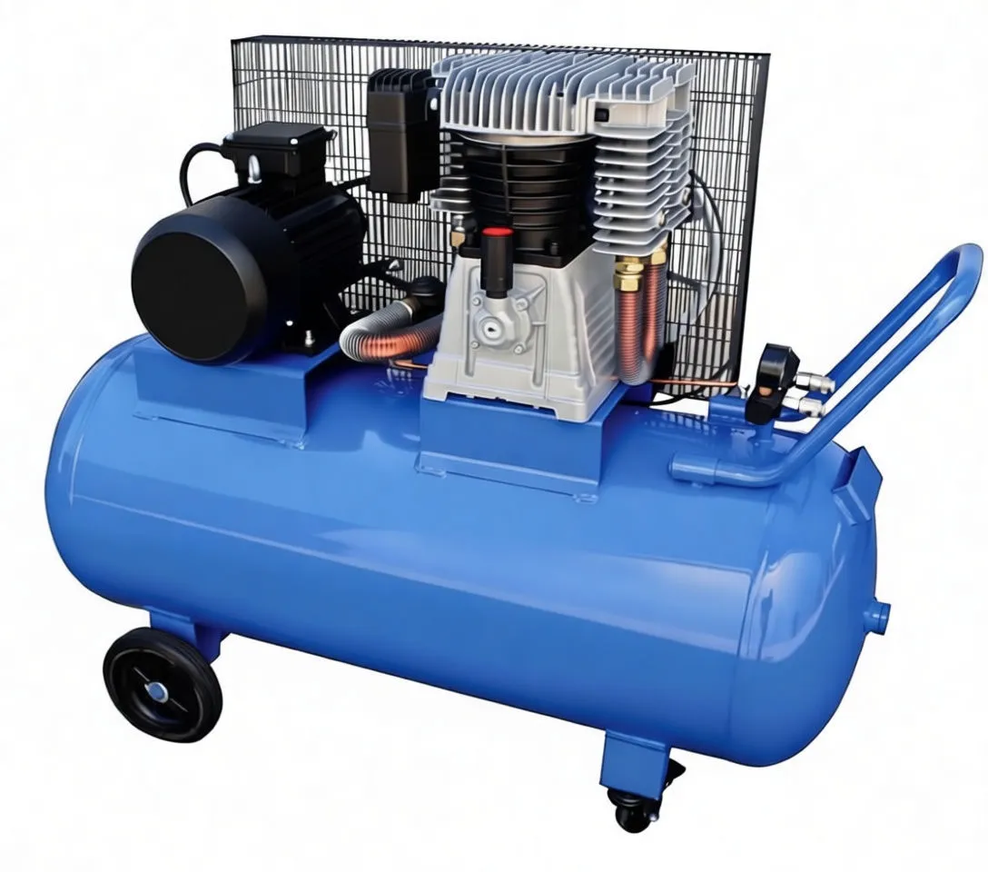 Side/rear view of blue air compressor showing large flywheel, belt drive, pump fins, wire cage and wheels
