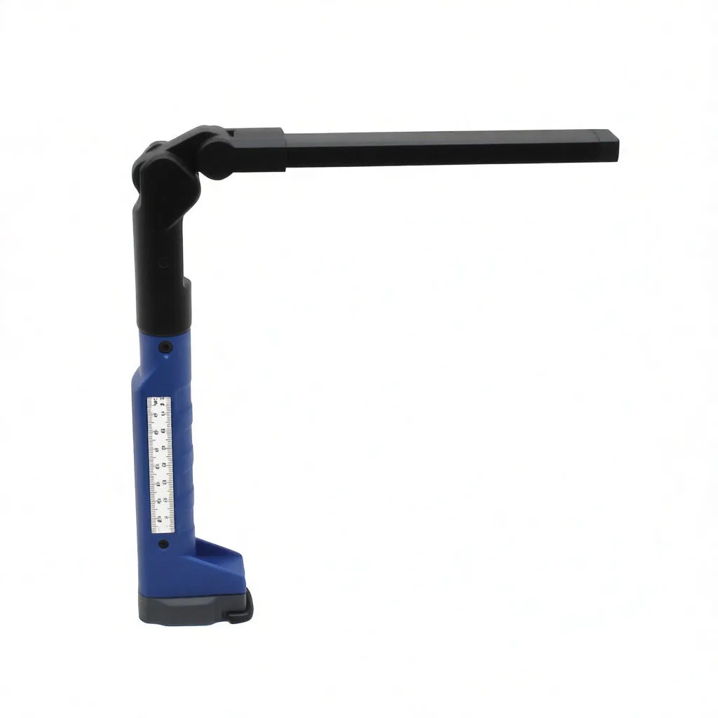 Handle close-up with centimeter ruler marking on blue body held in gloved hand