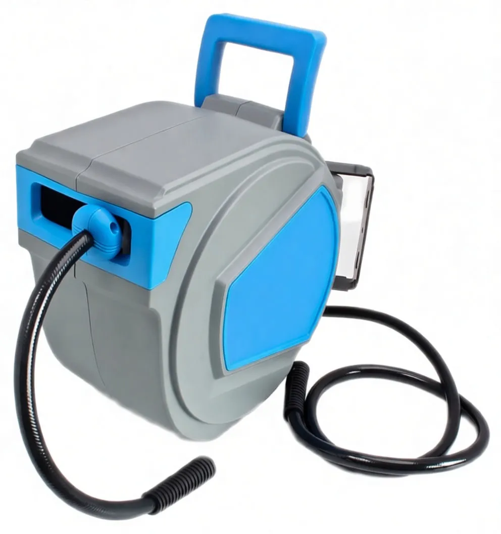 Side view of grey and blue ASTA retractable air hose reel showing handle, swivel inlet, coiled black hose and metal mounting plate