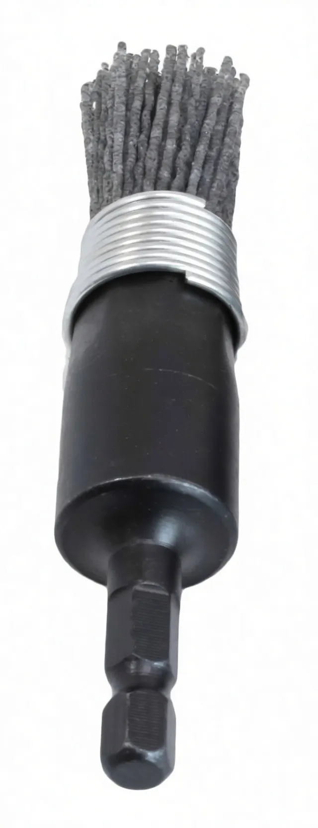 Front view of silicone nylon brush showing 'safra' on black body, metal coil collar and upright gray filament bristles with hex shank