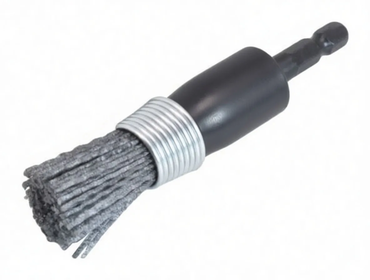 Side view of brush attachment showing hex shank, black body with 'safra' logo, metal coil and gray strip-like bristles