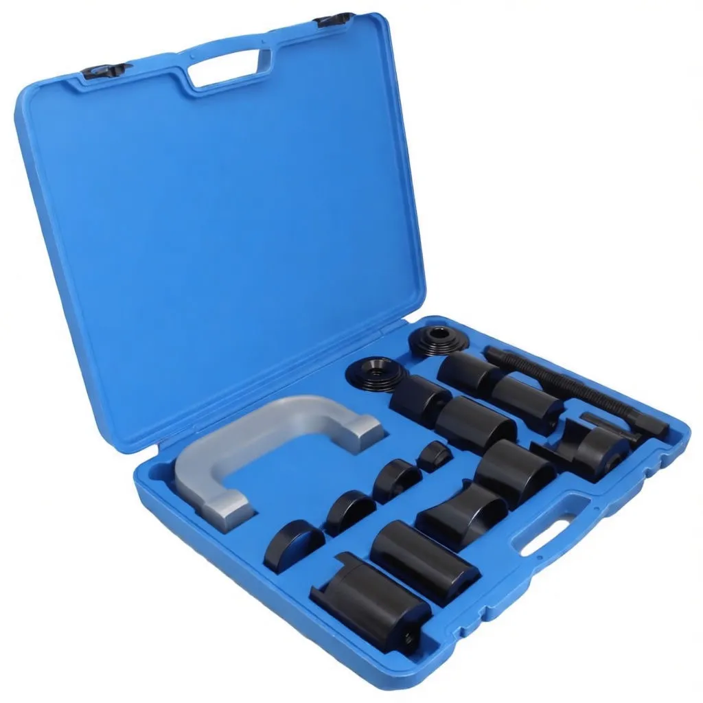Angled perspective of open blue tool case with C-frame, variety of black press cups and a long threaded bolt stored in molded compartments