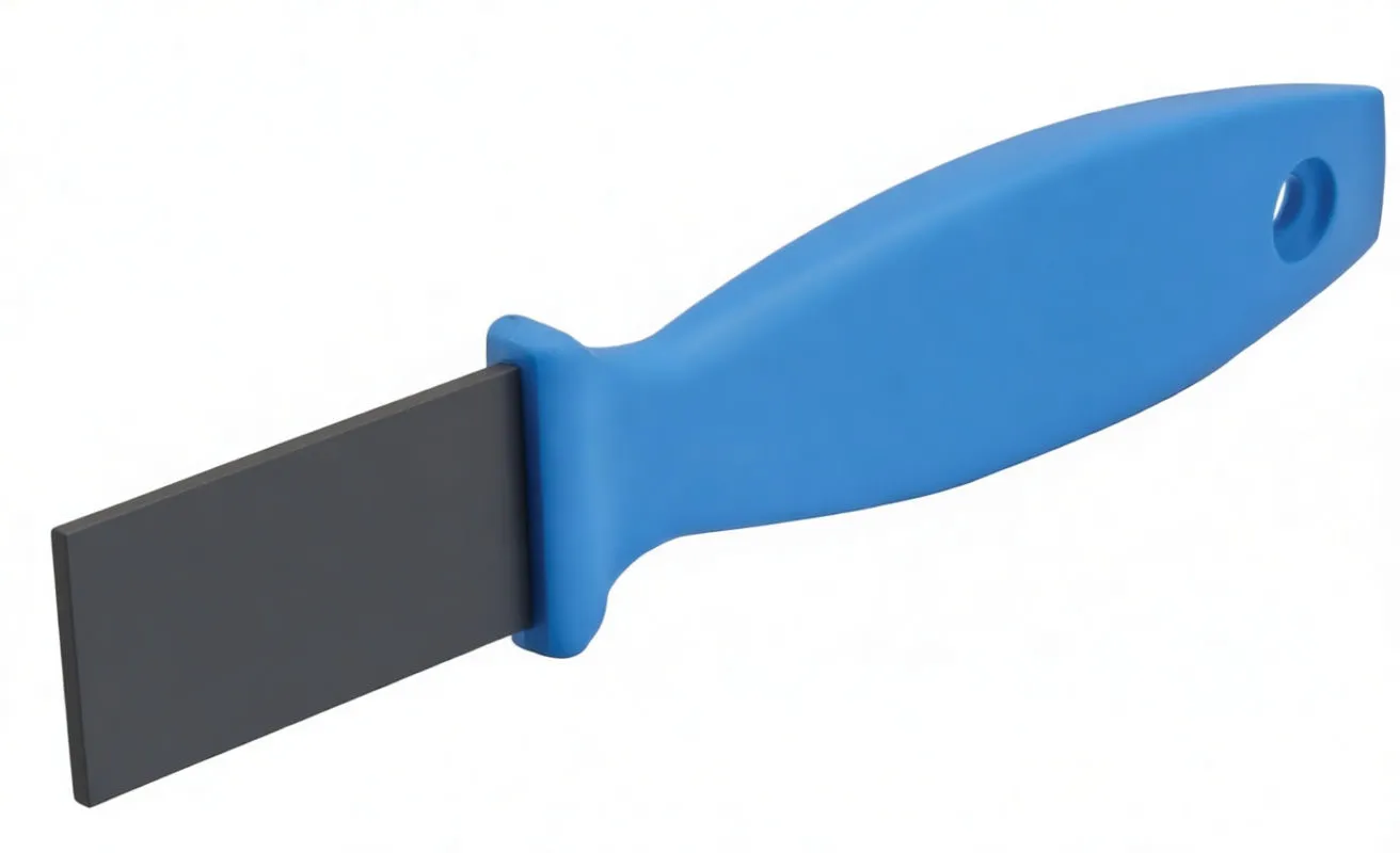 Perspective view of ASTA A-CSB210 carbide scraper with inset close-up of serrated carbide teeth and blue handle