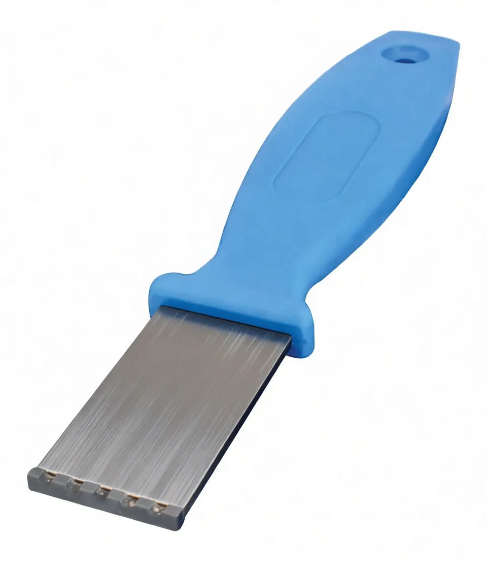 Angled close-up of scraper showing ASTA A-CSB210 marking and serrated carbide tips, blue contoured handle with hanging hole