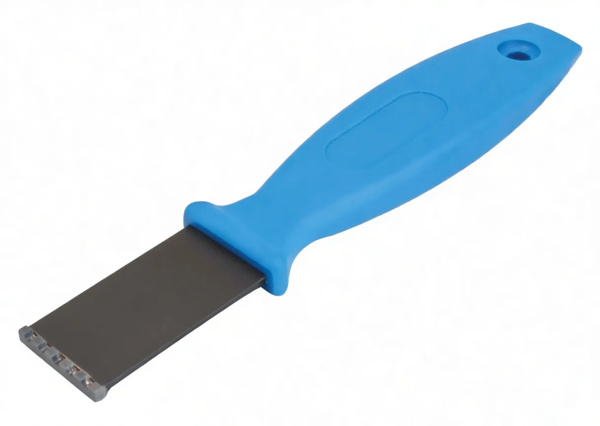 Diagonal view of carbide scraper with flat branded blade and small carbide tips, blue ergonomic handle with guard