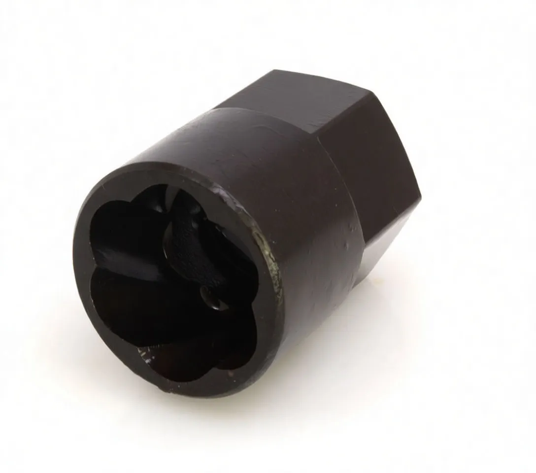 Angled view of a dark bolt extractor showing scalloped internal jaws, hex outer body and text '21MM CR-MO Satra'.