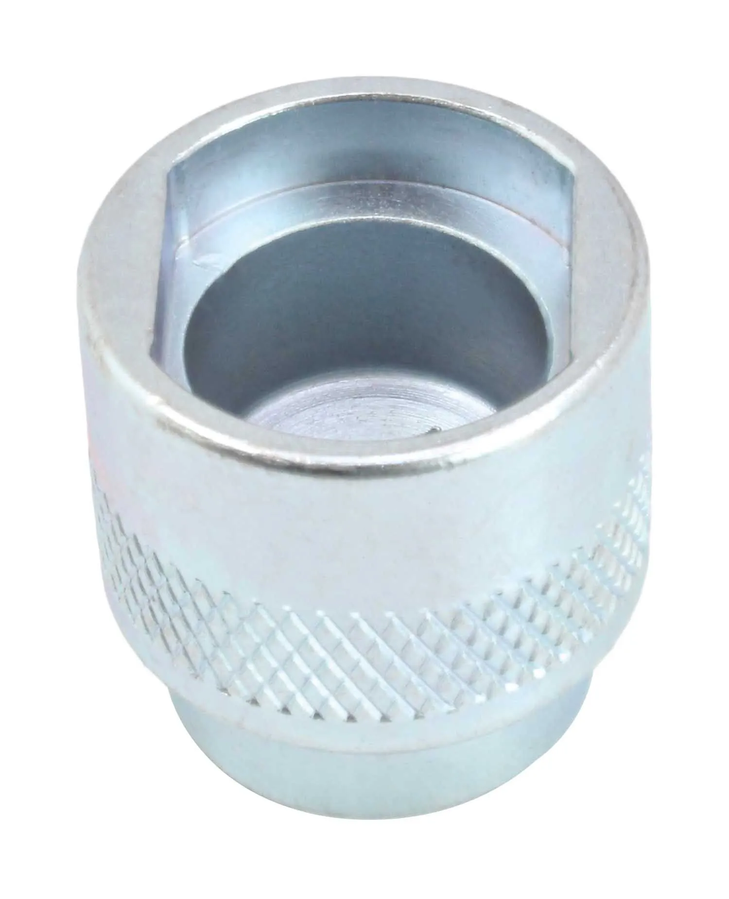 Top view into socket showing internal cavity and flats, with knurled outer surface