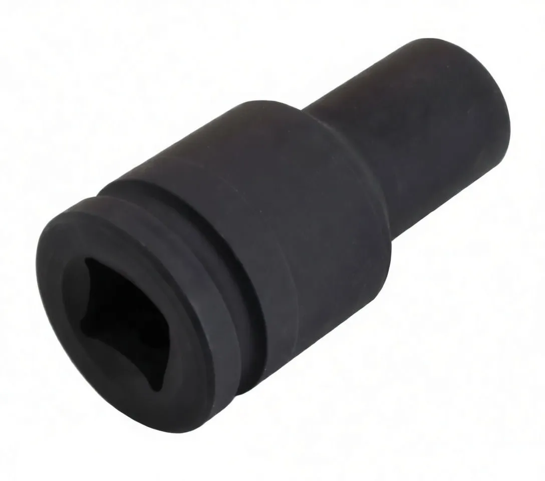 Side view of black deep impact socket with ASTA logo, long hex section and square drive end