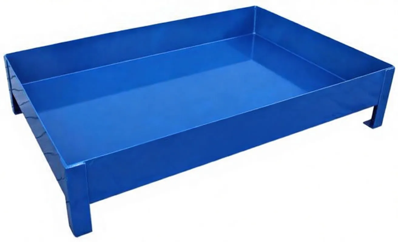 Blue rectangular metal bund without grating showing smooth sump interior and ASTA logo on side