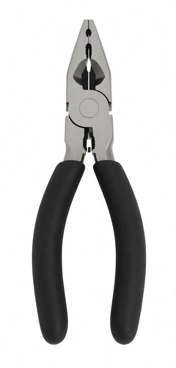 Front view of long-nose multifunction pliers showing jaws, pivot and black handles