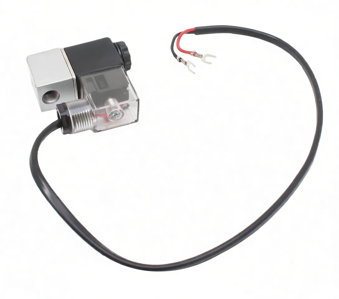 Full view of magnetic solenoid valve assembly with aluminum valve block, clear connector housing, labeled black coil and long cable ending in fork terminals.