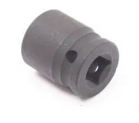 Dark gray impact socket on its side showing square drive recess, exterior grooves and retention hole