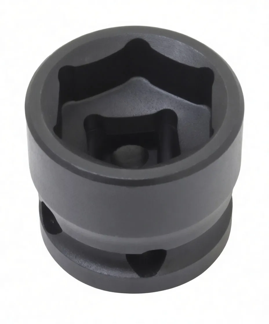 Three-quarter side view of a short black ASTA impact socket marked 22mm with retaining groove and square drive pocket