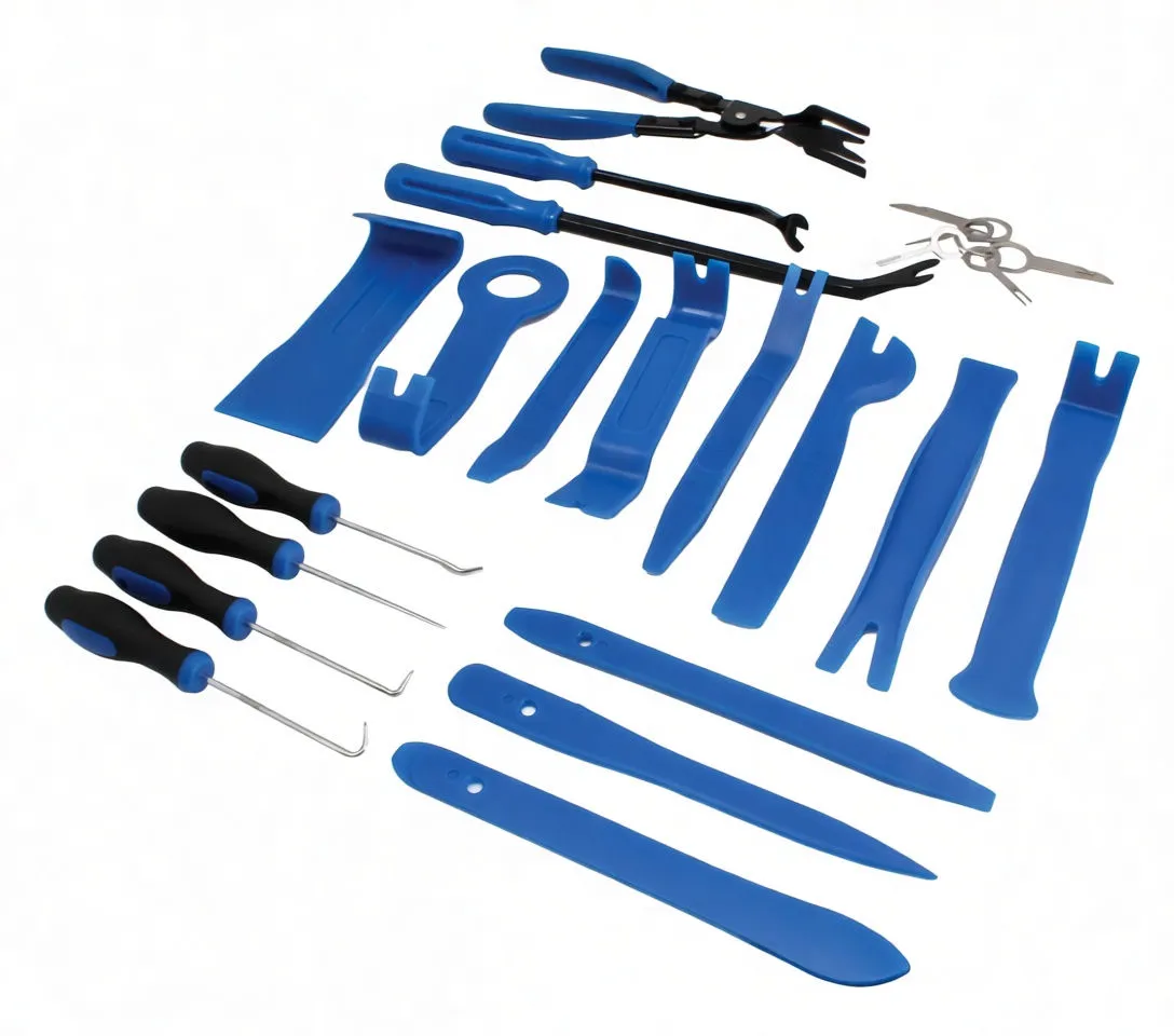 Flat lay of trim removal kit showing multiple blue plastic pry tools, metal hook picks, clip pliers and key removal tools on white background.