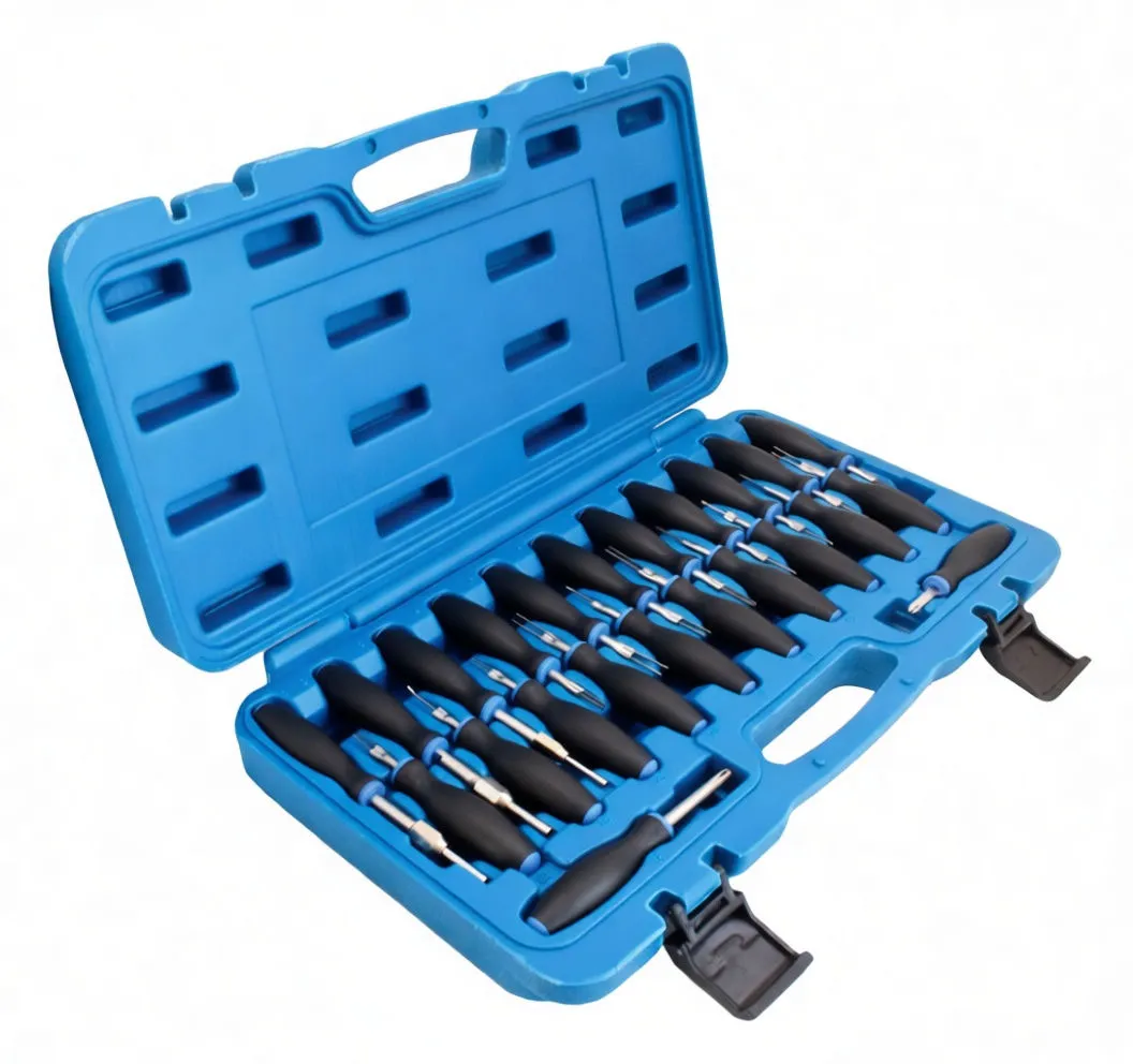 Close overhead shot of case interior showing two rows of black and blue-handled release tools with chrome pronged tips