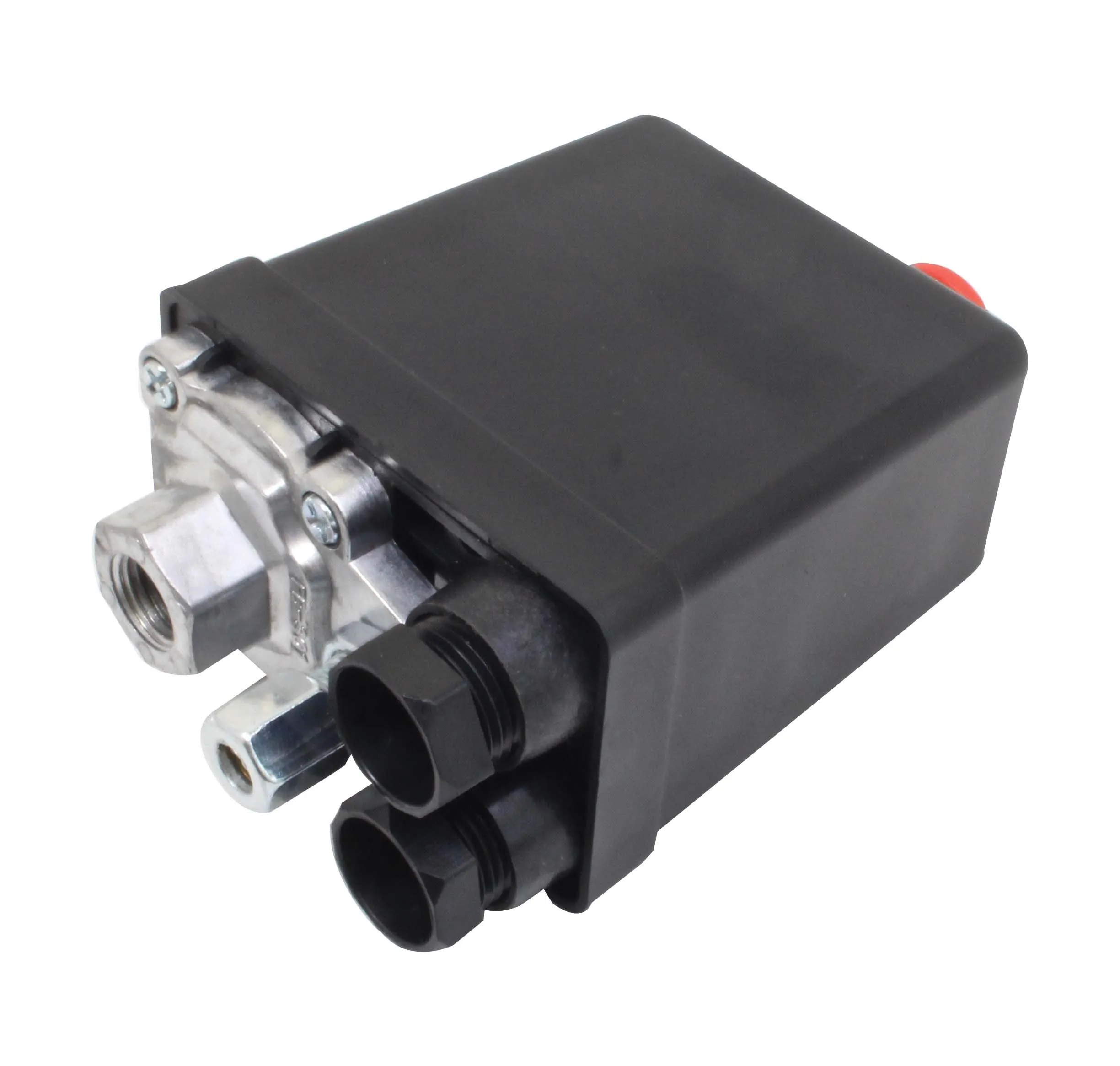 Oblique shot of presostat showing threaded pressure port, adjustment nut and two cable glands