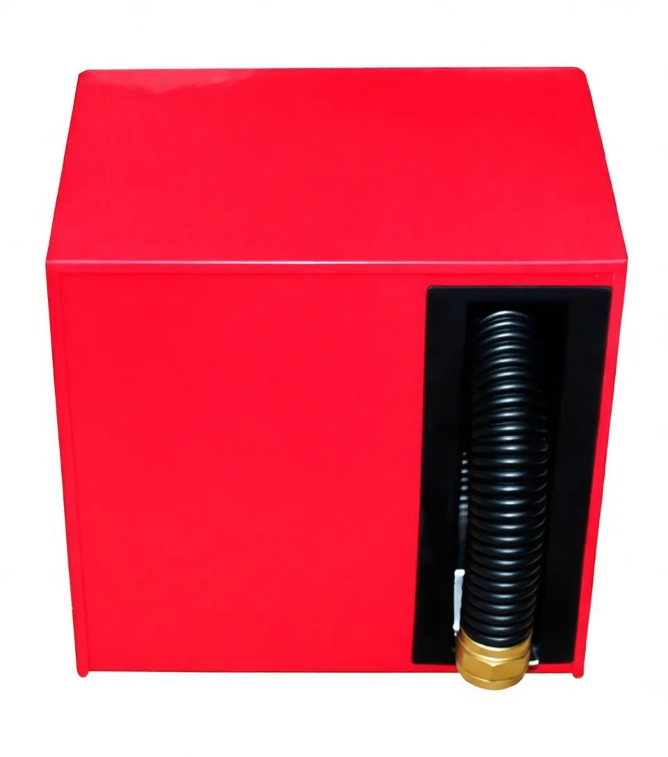 Coiled clear spiral-reinforced suction hose and black rubber discharge hose with brass fittings and inline filter