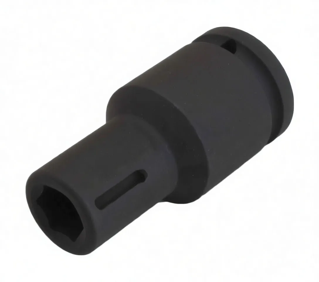 Perspective view of black deep impact socket with ASTA logo, stepped collar, retaining slot and 6-point hex opening
