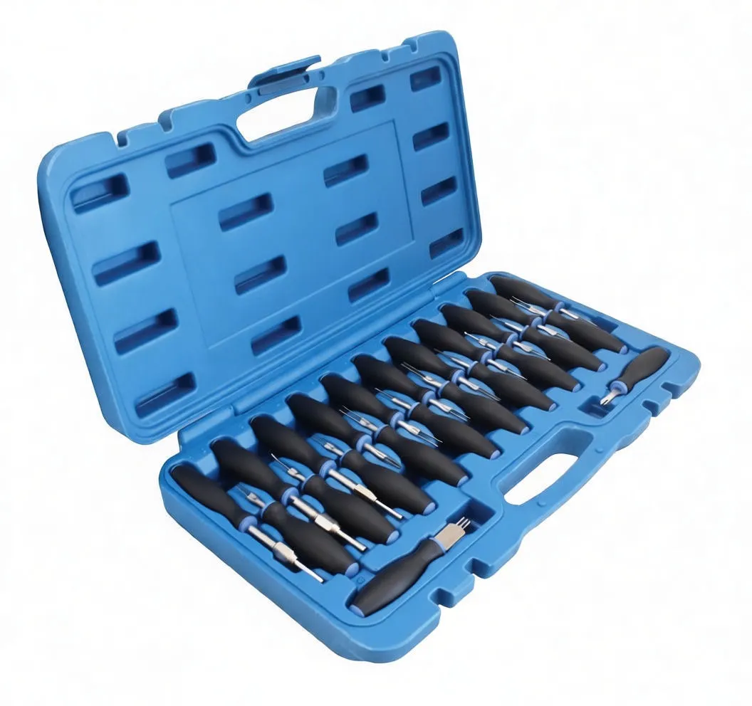 Angled view of blue carrying case with 23 panel release tools showing different forked and hooked metal tips